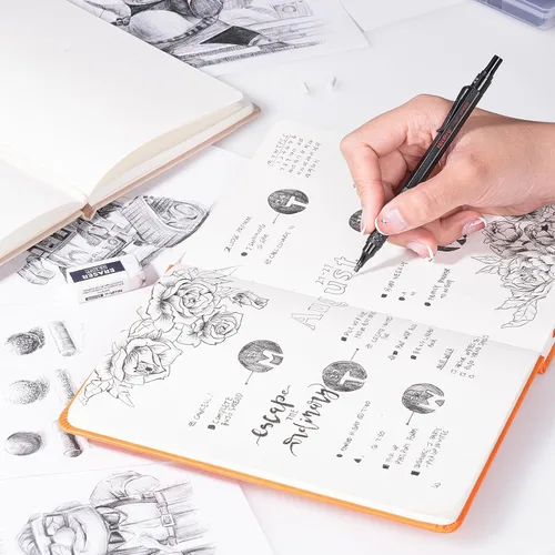 Vista 5 de Nicpro Juego de 35 lápices mecánicos de metal negro en estuche, lápices de dibujo artístico de 0.5, 0.7, 0.035 in y 3 soportes de plomo de grafito