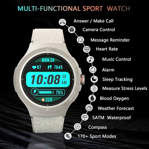 Vista 4 de Reloj inteligente militar con monitor de frecuencia cardíaca, brújula, linterna, GPS, reloj inteligente de 1.43 pulgadas con más de 170 modos