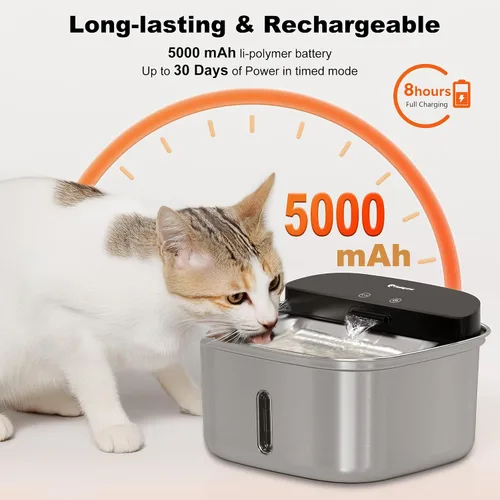 Vista 4 de Fuente de agua inalámbrica para gatos de acero inoxidable, dispensador de agua automático inalámbrico de 128 onzas / 3.78 L para gatos y perros