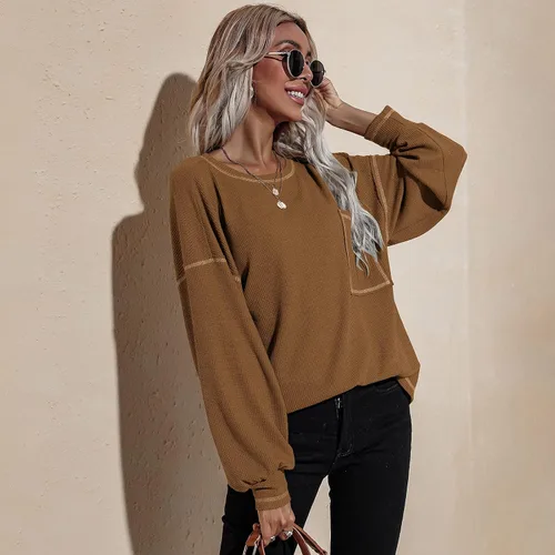 Vista 7 de LAO POPO Women's Long Sleeve Casual Round Neck Sweatshirt Pullover Loose Solid Color Top Pocket T-Shirt