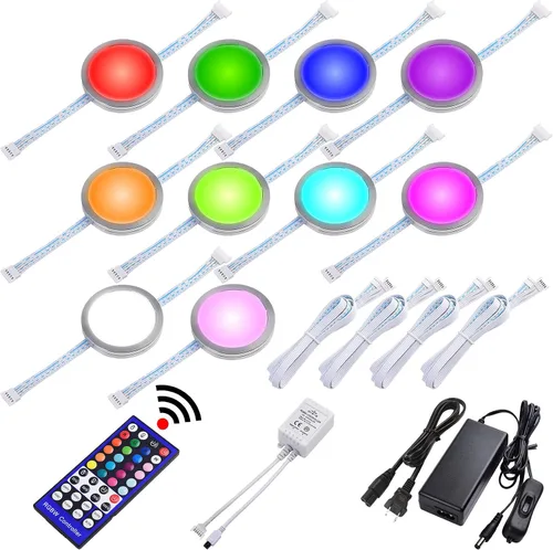 Vista 9 de RGBW Collection - Iluminación para exhibición, discos LED debajo del gabinete, cambio de color rojo, verde, azul y blanco verdadero, control remoto
