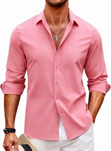Vista 14 de Barry.Wang Camisas de discoteca de los años 70 para hombre, camisas beige B