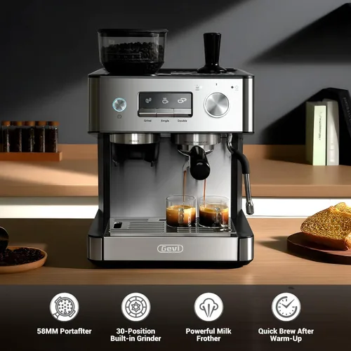 Vista 6 de Gevi Máquina de café expreso de 20 barras con molinillo integrado y espumador de leche, cafetera profesional para el hogar, capuchino, café