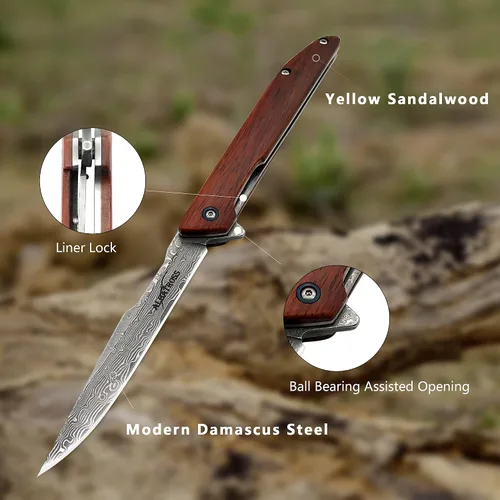 Vista 3 de ALBATROSS EDC Navaja de bolsillo plegable de Damasco VG10 delgada, ideal para camping; hoja de Damasco de 3.5", mango de 4.5" de madera de sándalo