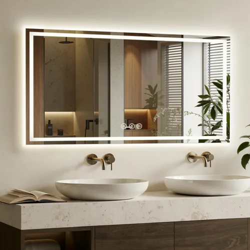 Vista 29 de Espejo de baño LED de 16 x 24 pulgadas con luces, antiniebla, retroiluminado + luz frontal, espejo de tocador de baño iluminado para pared, función