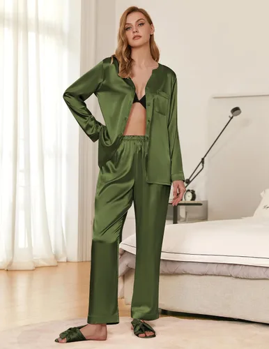 Vista 2 de Ekouaer Conjunto de pijama de satén para mujer, ropa de dormir de manga larga con botones y bolsillos