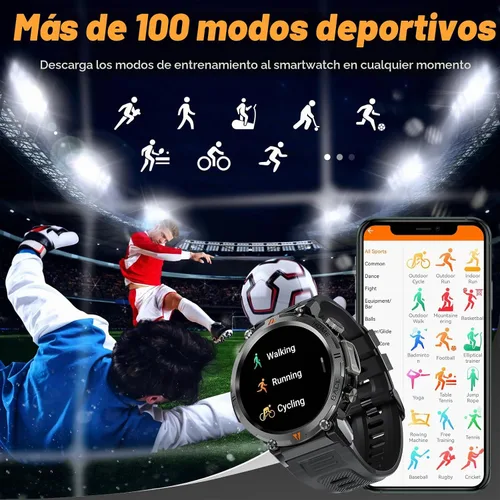 Vista 6 de Reloj inteligente militar para hombres táctico resistente Bluetooth llamada Negro