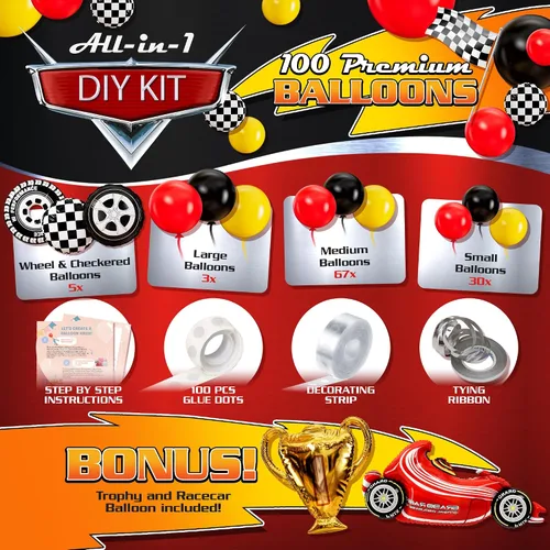 Vista 2 de Kit de arco de globos de coche de carreras TODO-EN-1 y guirnalda con TROFEO de REGALO y Número 2 - Globos de coches de carreras para suministros