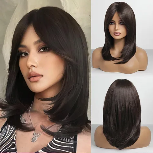Vista 9 de HAIRCUBE Pelucas estilo Bob hasta el hombro para mujer con raya lateral