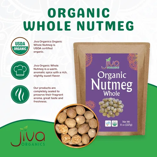 Vista 2 de Jiva Organics Bolsa entera de nuez moscada orgánica de 8 onzas, 100% natural y sin OMG