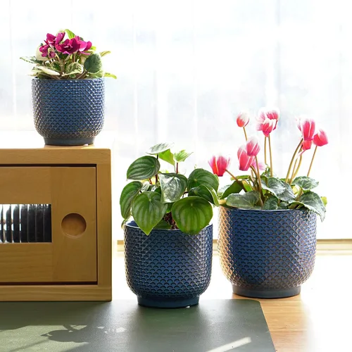 Vista 7 de Macetas de cerámica de 4 + 5 + 6 pulgadas para plantas de interior, macetas para plantas suculentas, maceta de orquídea con orificio de drenaje Azul
