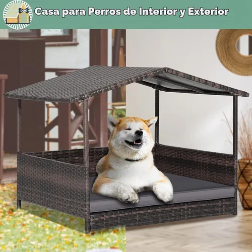 Vista 2 de Casa de cama de mimbre para perros, casas para perros de ratán de polietileno de alta densidad para interiores y exteriores, casa para mascotas