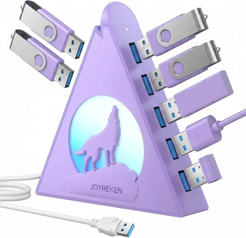 Vista 9 de Hub USB 3.0 de 7 puertos, divisor de USB vertical con iluminación RGB, transferencia de datos de alta velocidad de 5 Gbps y cable de extensión de 2