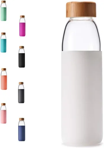 Vista 16 de Botellas de agua de vidrio de borosilicato de 18 onzas con tapa de bambú, sin BPA, funda de silicona antideslizante y tapa a prueba de fugas de Negro