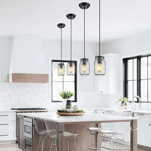 Vista 6 de Lámpara colgante ajustable para isla de cocina, 1 luz colgante de cristal Mason Jar (2 unidades)