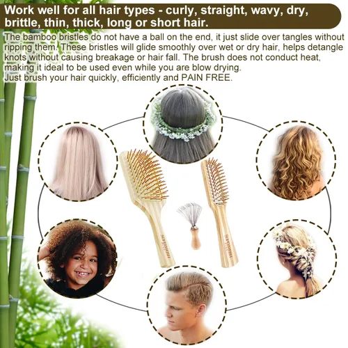 Vista 7 de Juego de cepillos de cabello para mujeres y hombres, cerdas de bambú natural, cepillo de paleta plana para cabello húmedo y seco, desenredante