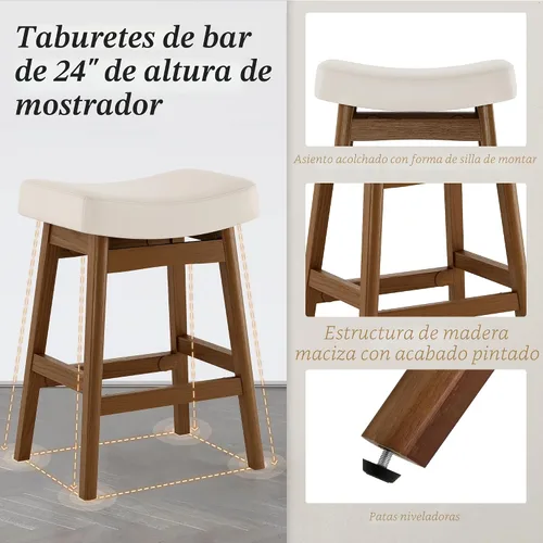 Vista 4 de Juego de 2 Taburetes de Bar, Taburetes de Bar con Patas de Madera Resistentes, Taburetes de Bar de Altura de Mostrador con Asiento Tipo Silla