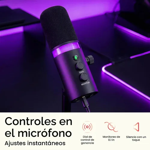 Vista 7 de Pyle Micrófono dinámico USB/XLR para podcasting, transmisión y juegos, micrófono de grabación cardioide con iluminación RGB, botón de silencio