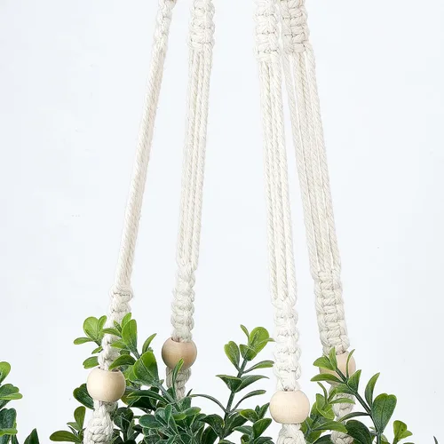 Vista 4 de Mkono Planta colgante falsa con maceta, plantas colgantes artificiales de primavera, colgador de plantas de macramé con vegetación sintética, maceta