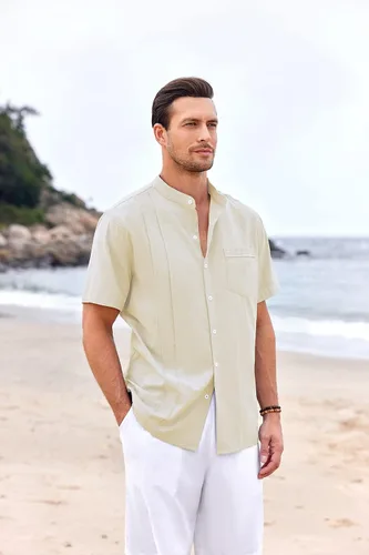 Vista 5 de Ryannology Camisas guayabera de lino de manga corta con botones para hombre, estilo casual, playa, campamento cubano, camisa mexicana para hombre