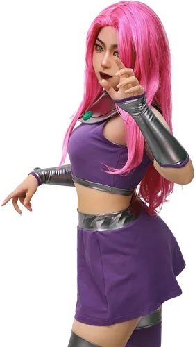 Vista 3 de C-ZOFEK Disfraz de princesa Koriand'r de talla estadounidense, disfraz morado con medias (XXL)