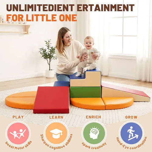 Vista 5 de TODIBY Juego de 9 bloques de espuma para trepar: cuero PU suave - Bloques de actividad para gatear y trepar para bebés - Equipo de gimnasio