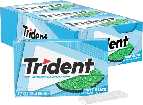 Vista 15 de 12 paquetes de 14 unidades cada uno; es decir, en total son 168 unidades de goma de mascar Trident Bubblegum sin azúcar sabor chicle. Accesorios