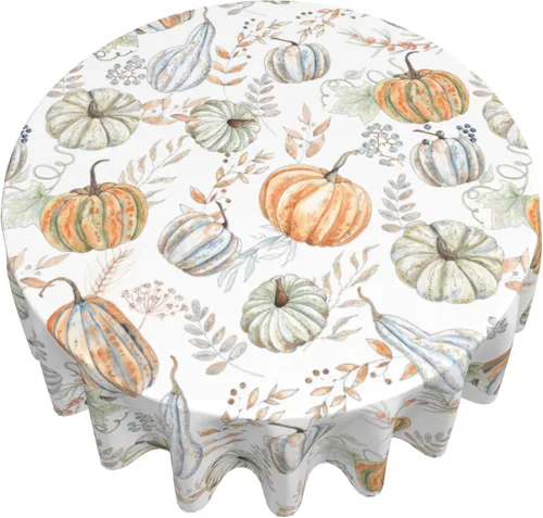 Vista 7 de Mantel redondo de calabaza blanca de otoño de 60 pulgadas para Acción de Gracias, naranja y gris, mantel de acuarela de cosecha reutilizable