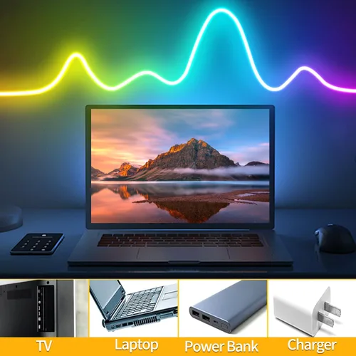 Vista 5 de Tira de luces LED de neón, tira de luces LED alimentada por USB de 3.3 pies, tira de luces de cuerda LED de 5V con sincronización de música y cambio