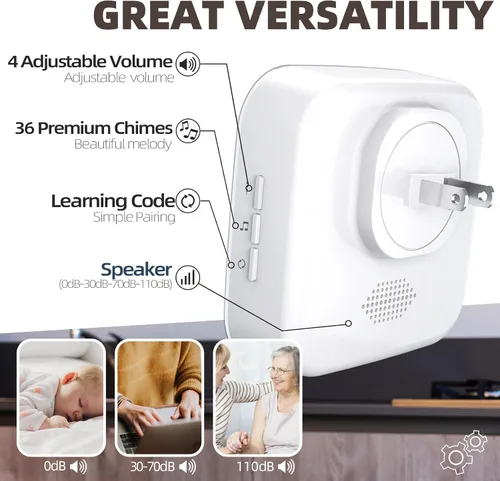 Vista 5 de Timbre inalámbrico enchufable FUHONGRUI de 1200 pies, timbre inalámbrico con batería, botón de timbre con luz intermitente, 36 melodías, 4 niveles