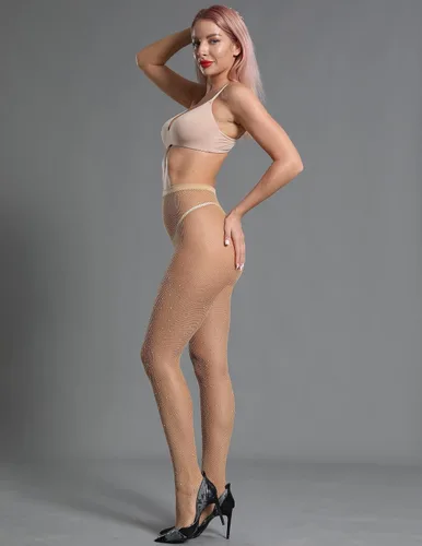 Vista 6 de CHRLEISURE - Medias con diamantes de imitación brillantes para mujer, mallas de red sexis y de cintura alta