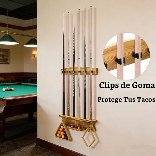 Vista 3 de Pumtus Soporte para palos de billar de montaje en pared, soporte de madera para 6 tacos de almacenamiento y 2 estantes de bolas, estante resistente