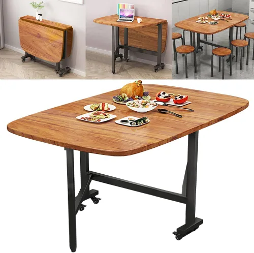Vista 7 de Mesa Multifuncional de Hoja Abatible - Mesa de Comedor Plegable de 47" de Madera con 6 Ruedas (Negro)