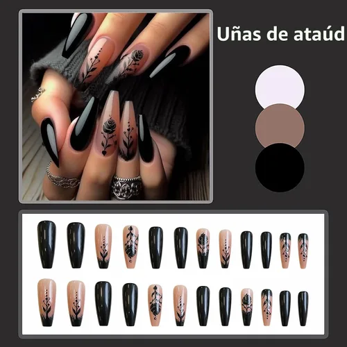 Vista 4 de MISUD Uñas Postizas - Uñas Largas Forma Ataúd con Pegamento en Negro Gótico, Diseño Acrílico Gótico de Rosa 24 piezas