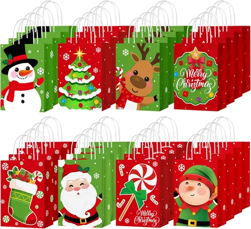 Vista 8 de Yeaqee 80 piezas - bolsas de regalo de Navidad - tamaño pequeño - Merry Christmas Xmas - bolsas de regalo de Navidad con asas - bolsas de papel
