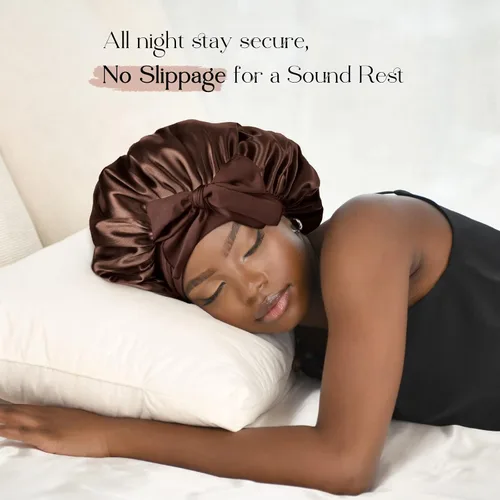 Vista 2 de YANIBEST - Gorro de satén de seda para dormir, gorro negro de doble capa con forro de satén con banda de amarre para mujer con cabello naturalmente