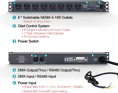Vista 2 de Pknight Relé PDU DMX inteligente de 8 tomas - Secuenciador de potencia programable con control DMX512, control remoto RS485, unidad de distribución