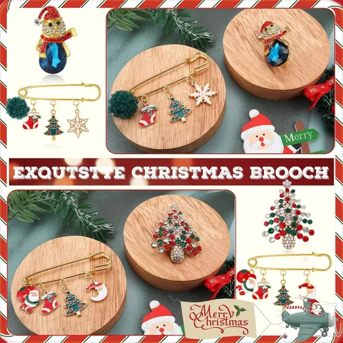 Vista 4 de Kakonia Juego de 9 broches de Navidad con diamantes de imitación, joyería para mujeres y hombres, árbol de Navidad, reno, Papá Noel, cascabel