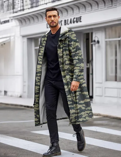 Vista 2 de COOFANDY Chaqueta impermeable para hombre con capucha, impermeable, ligera, activa, larga