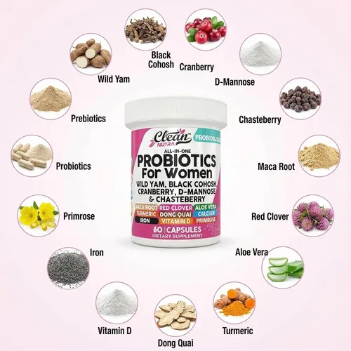 Vista 4 de Clean Nutraceuticals Probióticos para mujeres con D manosa, extracto de arándano, ñame silvestre, chasteberry – 20 cepas probióticas y prebióticas