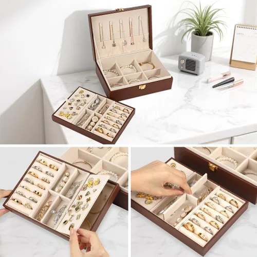 Vista 3 de Voova Joyero organizador para mujeres y niñas, 2 capas grandes para hombres, estuche de almacenamiento de joyas de piel sintética con bandeja