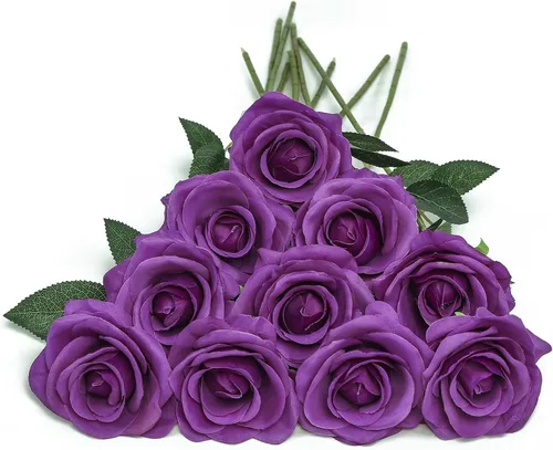 Vista 17 de DuHouse 10 rosas falsas de seda artificial, color morado otoñal Púrpura Otoño