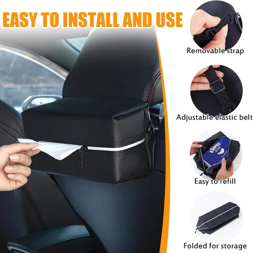 Vista 5 de Car Tissue Holder for 120-160-230 Count Kleenex Facial Tissues Box - Waterproof Zipper Cover, Soft Black Leather with Adjustable Strap, Ideal for
