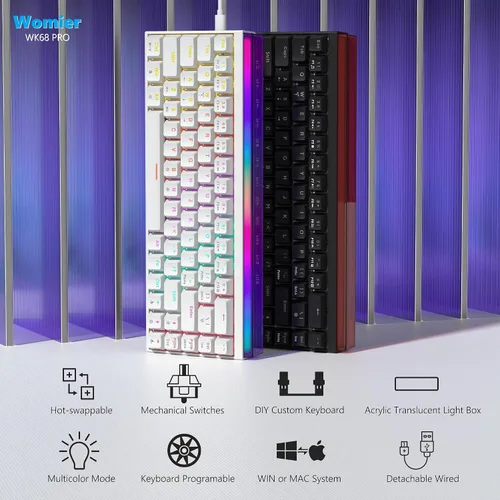 Vista 2 de Womier Teclado 60% con caja de luz, teclado mecánico con cable para juegos con teclas MCA, perfil OEM, programable, 64 teclas de intercambio