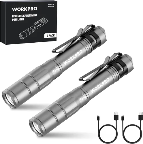 Vista 8 de WORKPRO Luz recargable para bolígrafo, mini linterna, paquete de 2 linternas EDC ultracompactas, linterna de bolsillo con clip, función de memoria