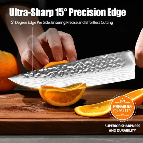 Vista 5 de Cuchillo de chef japonés de acero 7CR13 de 8 pulgadas, mango de madera de Pakka negra con triple remache con proceso de forja extra, regalos