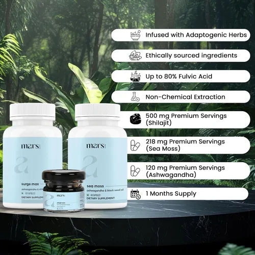 Vista 4 de mars by GHC Performance Plus Combo: Tapas Surge Max, Resina Shilajit pura del Himalaya, Shilajit natural con tapas de semillas negras y tapas