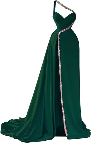 Vista 4 de Vestido de fiesta con cuello en V y un hombro para mujer, vestido de noche brillante con sirena dividida, vestido formal con tren DR0333