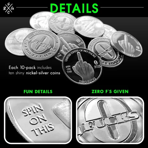Vista 6 de ZFG Inc. Monedas de 25 centavos de Zero F's Given para regalo, color plata, diseño del dedo medio, paquete de 10
