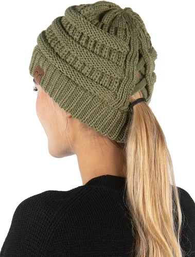 Vista 25 de Funky Junque - Gorro de coleta para mujer – Gorro de invierno con cola de caballo cruzada para mujer, cálidos y lindos gorros de punto con cola